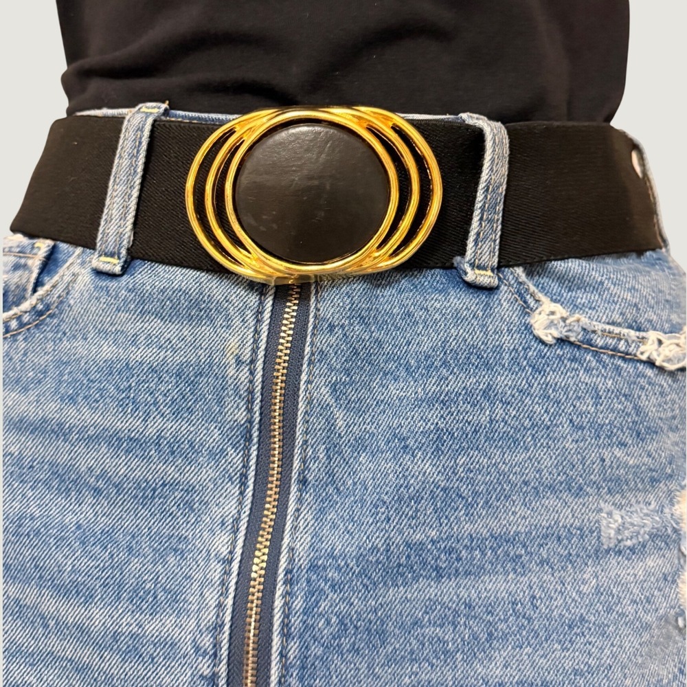Vintage Womens Black Elastic Cinch Belt Gold Tone Triple Ring Buckle Wide Size S
